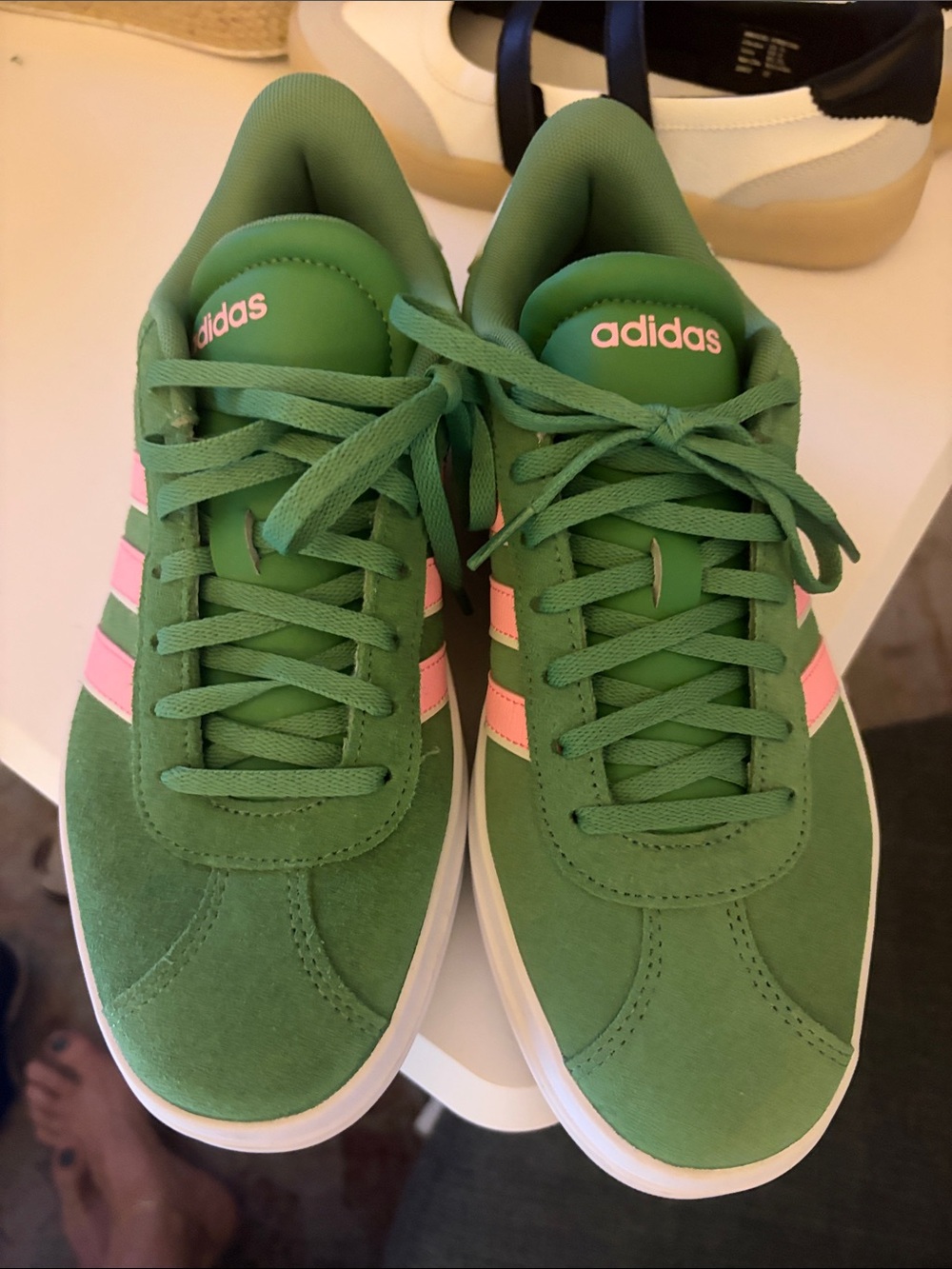adidas Green Sneakers with Pink Stripes